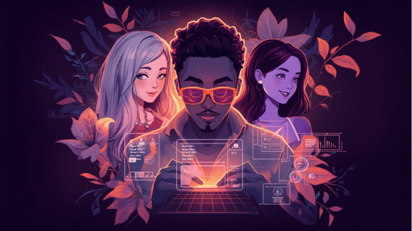 AIXYZ AI web studio concept with bright blooms, diverse studio people, and luminous interface panels.