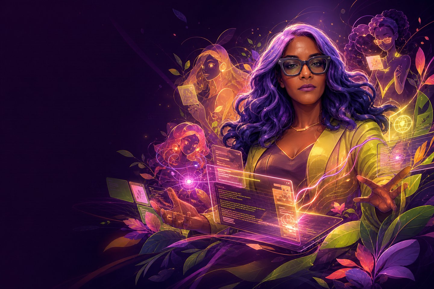 Faith as an anime AI web studio leader guiding luminous assistants, websites, blooms, and lead systems.