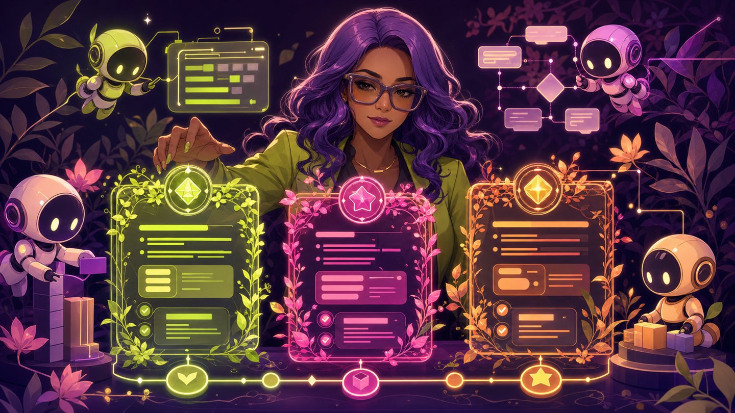 Faith presenting bright AI web service packages with helpful assistants and botanical frames.
