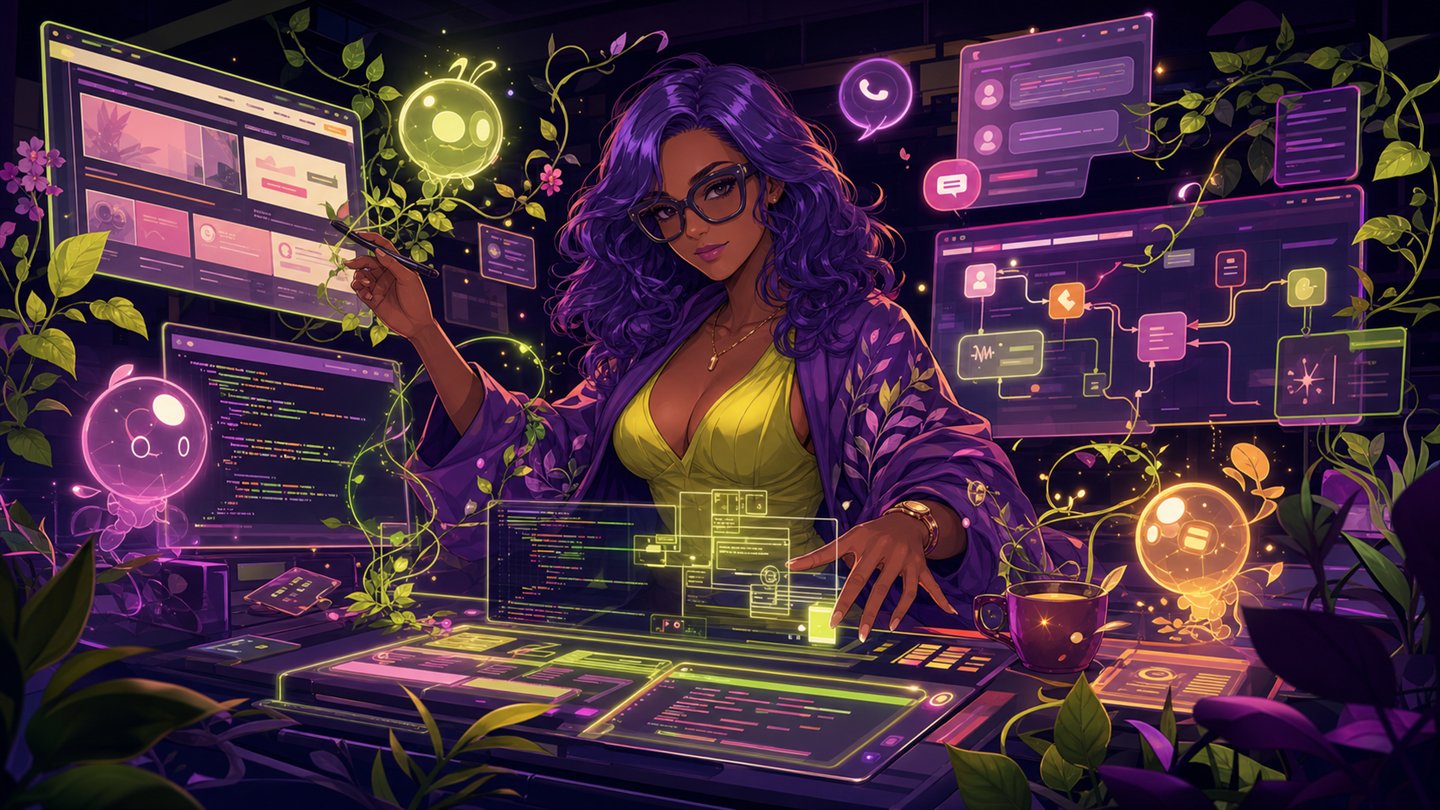 Faith repairing websites with luminous AI assistants in a botanical anime studio.
