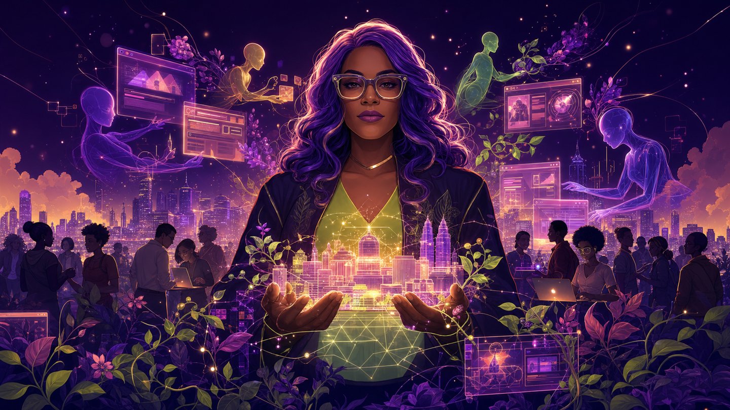 Faith protecting a glowing digital city and community web garden with teams of luminous AI helpers.